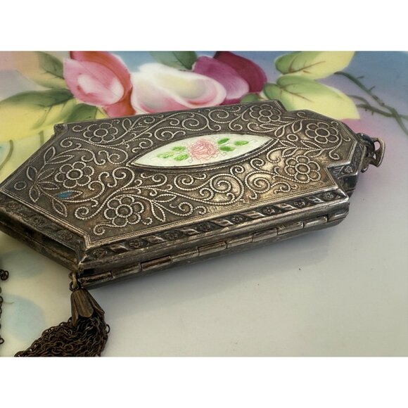 Antique 1910s Compact Coin Purse Silverplate Guilloche Enamel - Picture 11 of 16